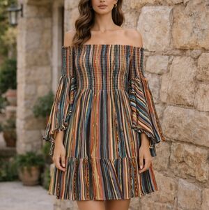 Illa Illa Large Off-Shoulder Multicolor Striped Dress Mini Orange Red Blue M L S